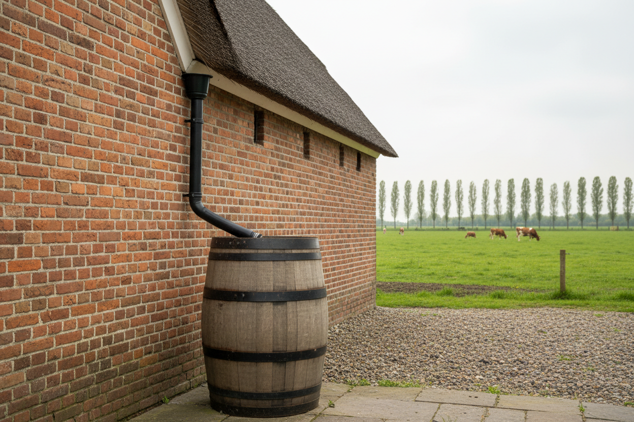 Regenton bevestigd aan de afvoer van een boerderijtype woning